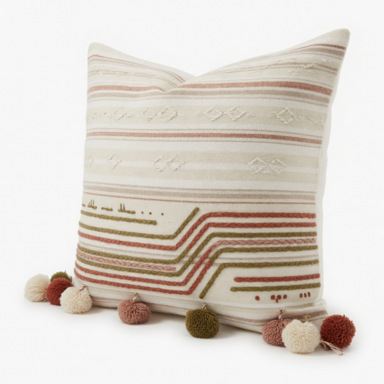 Modern Minimalist Woven Tufted Throw Pillow for Case Boho Farmhouse Embroidery Striped Line Pompoms